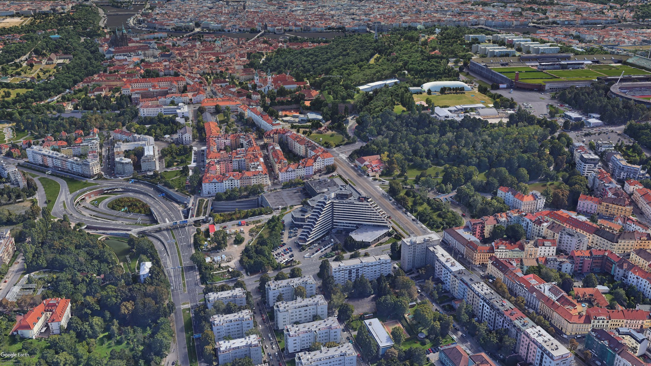 Aerial view — Bělohorská 17 with Prague Castle and the city centre beyond